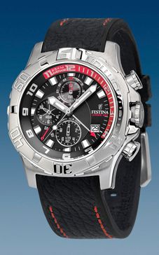 Ремешок из кожи теленка черный с красными стежками 22 мм для часов FESTINA CRONO ACERO ALARMA (F16183/5)